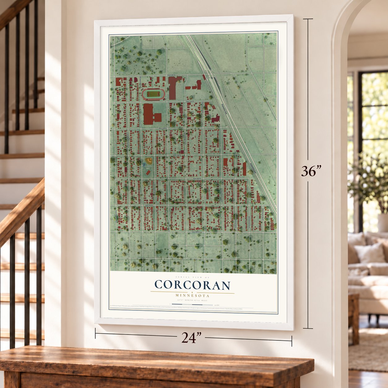 Corcoran, Minneapolis, Minnesota map, 24 x 36 inch print in a white frame by a staircase