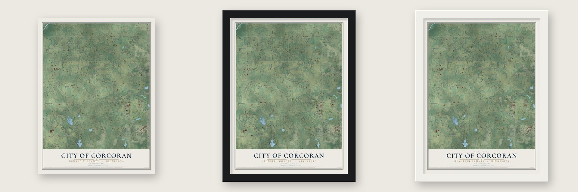 Corcoran, Minnesota map unframed, in a black wood frame and in a white wood frame