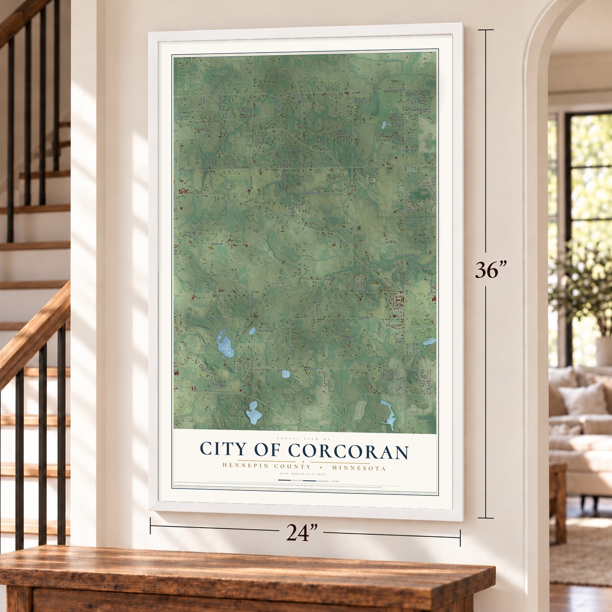 Corcoran, Minnesota map, 24 x 36 inch print in a white frame by a staircase
