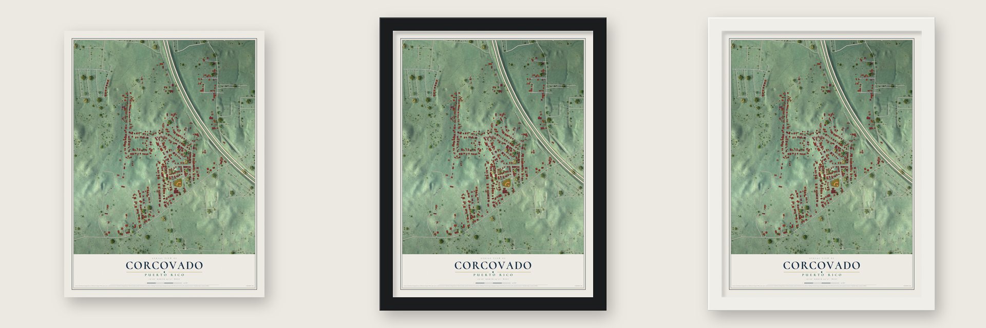 Corcovado, Puerto Rico map unframed, in a black wood frame and in a white wood frame