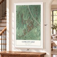 Corcovado, Puerto Rico map, 24 x 36 inch print in a white frame by a staircase