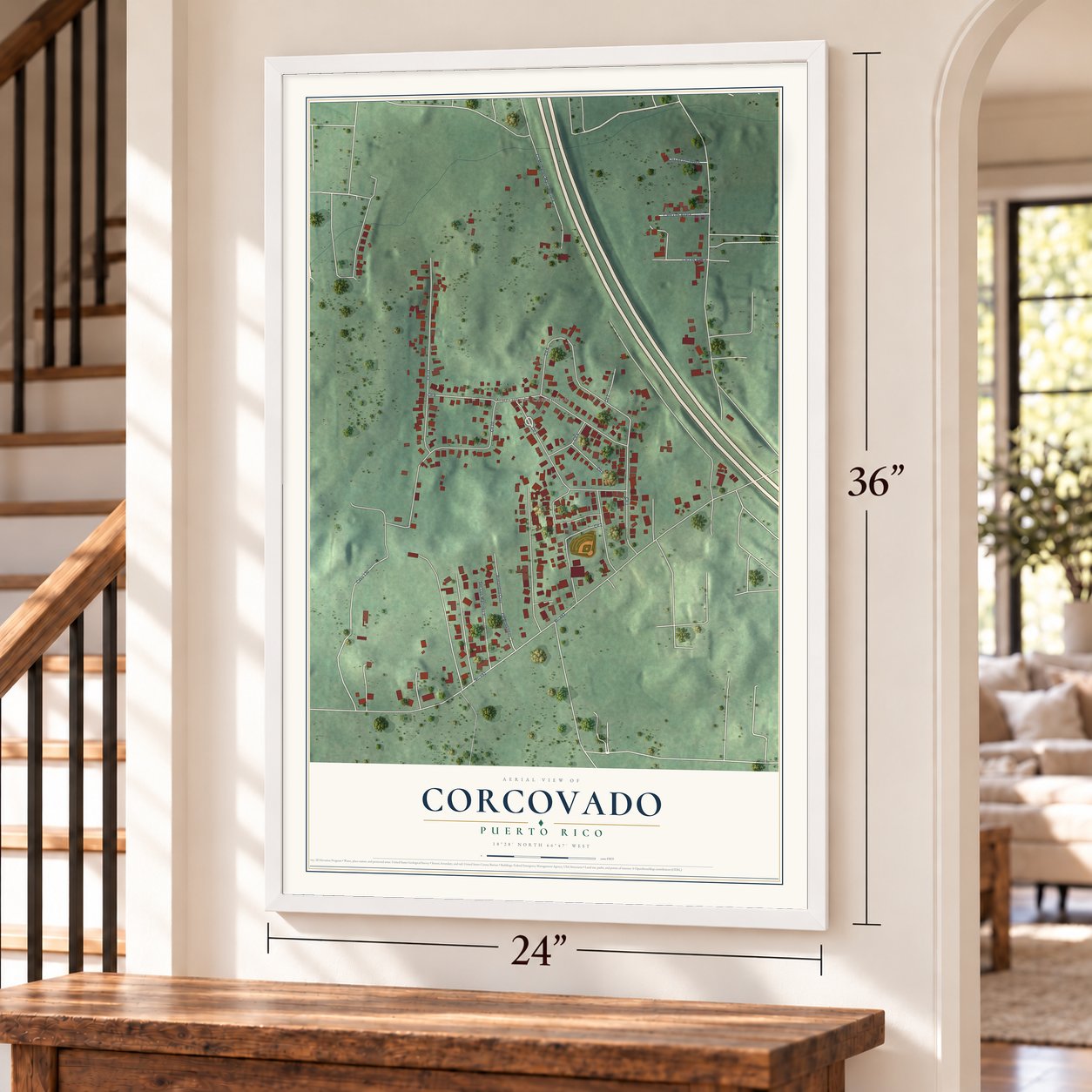 Corcovado, Puerto Rico map, 24 x 36 inch print in a white frame by a staircase