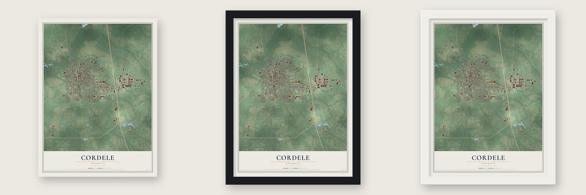 Cordele, Georgia map unframed, in a black wood frame and in a white wood frame