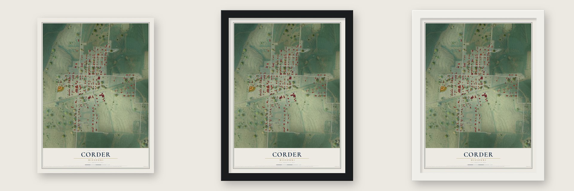 Corder, Missouri map unframed, in a black wood frame and in a white wood frame