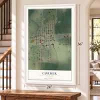 Corder, Missouri map, 24 x 36 inch print in a white frame by a staircase
