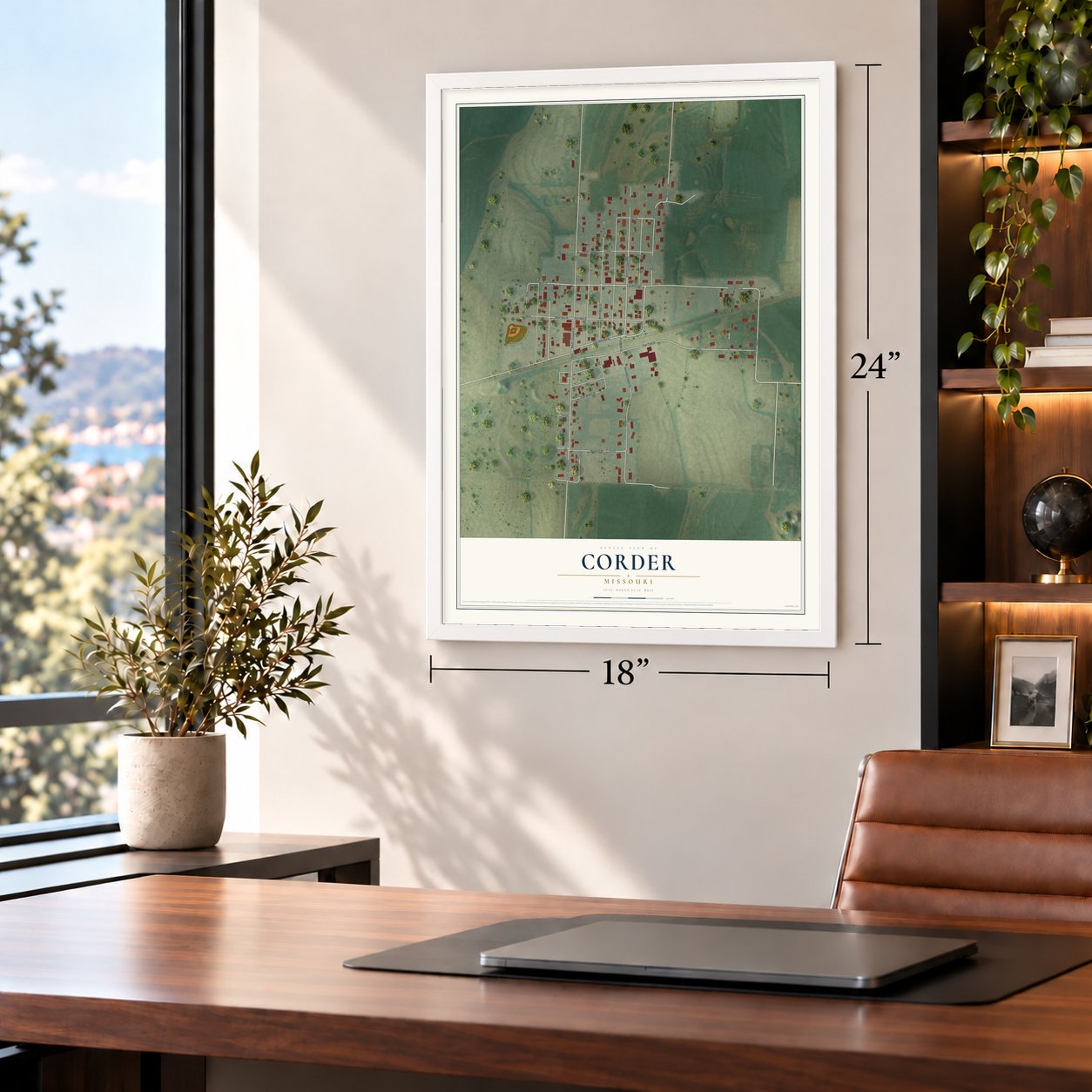 Corder, Missouri map, 18 x 24 inch print in a white frame in a home office
