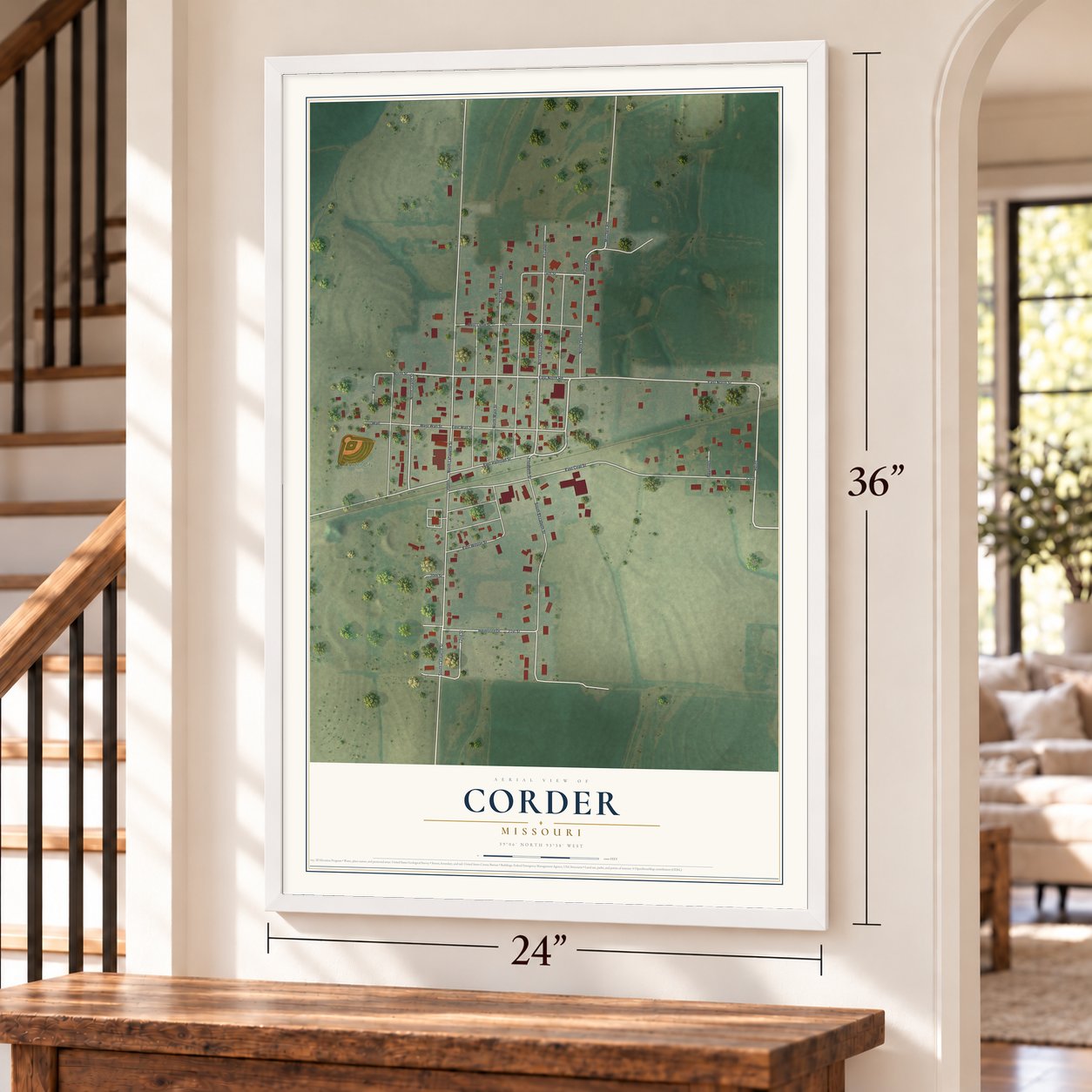 Corder, Missouri map, 24 x 36 inch print in a white frame by a staircase