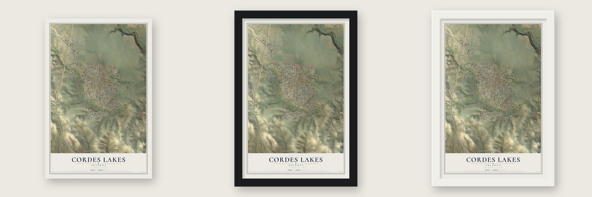 Cordes Lakes, Arizona map unframed, in a black wood frame and in a white wood frame
