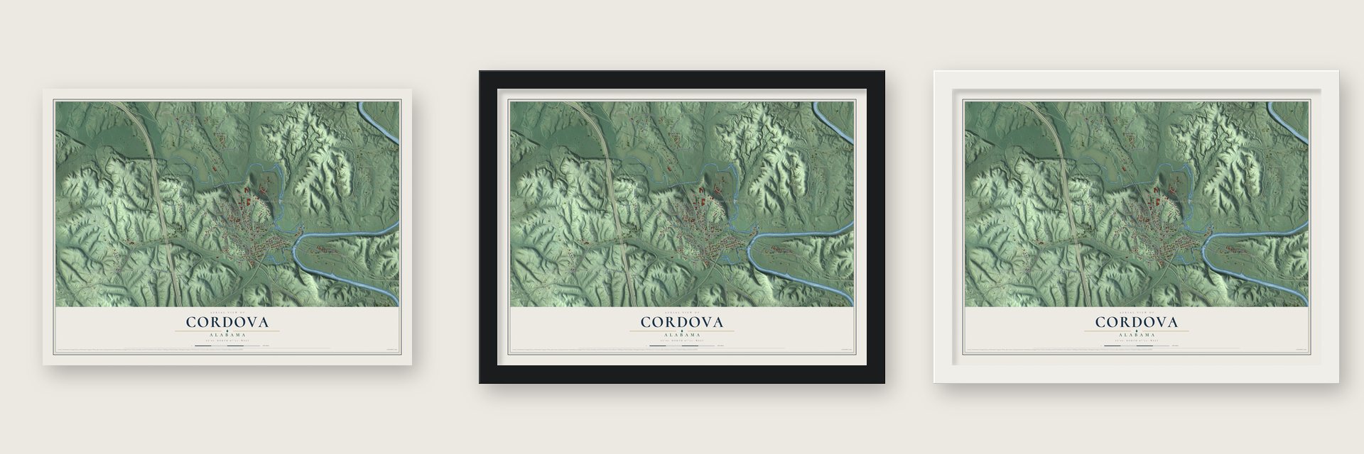 Cordova, Alabama map unframed, in a black wood frame and in a white wood frame