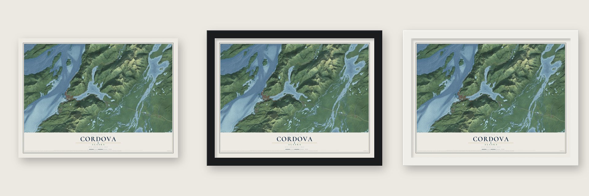 Cordova, Alaska map unframed, in a black wood frame and in a white wood frame