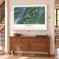 Cordova, Alaska map, 24 x 36 inch print in a white frame above a dresser by a staircase