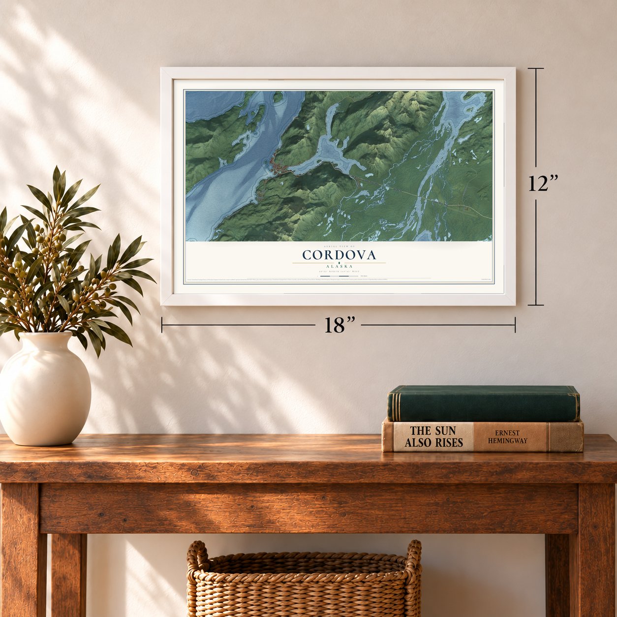 Cordova, Alaska map, 12 x 18 inch print in a white frame in an entryway