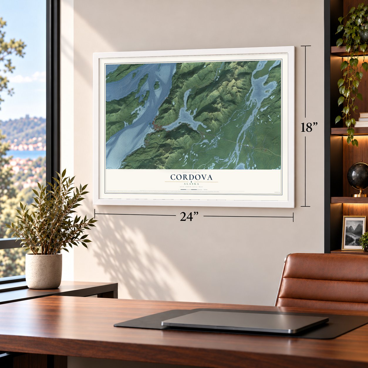 Cordova, Alaska map, 18 x 24 inch print in a white frame in a home office
