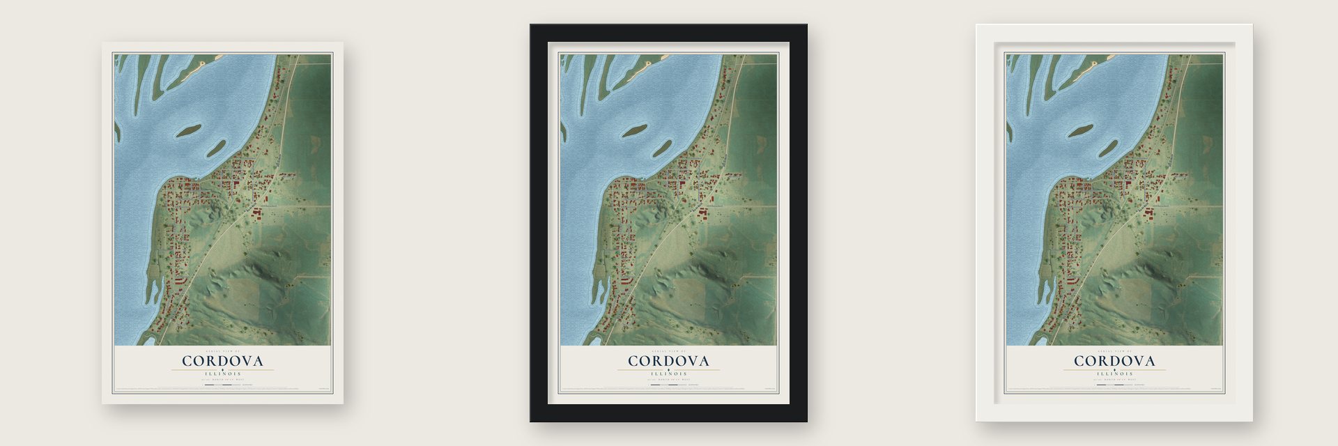 Cordova, Illinois map unframed, in a black wood frame and in a white wood frame