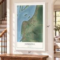Cordova, Illinois map, 24 x 36 inch print in a white frame by a staircase