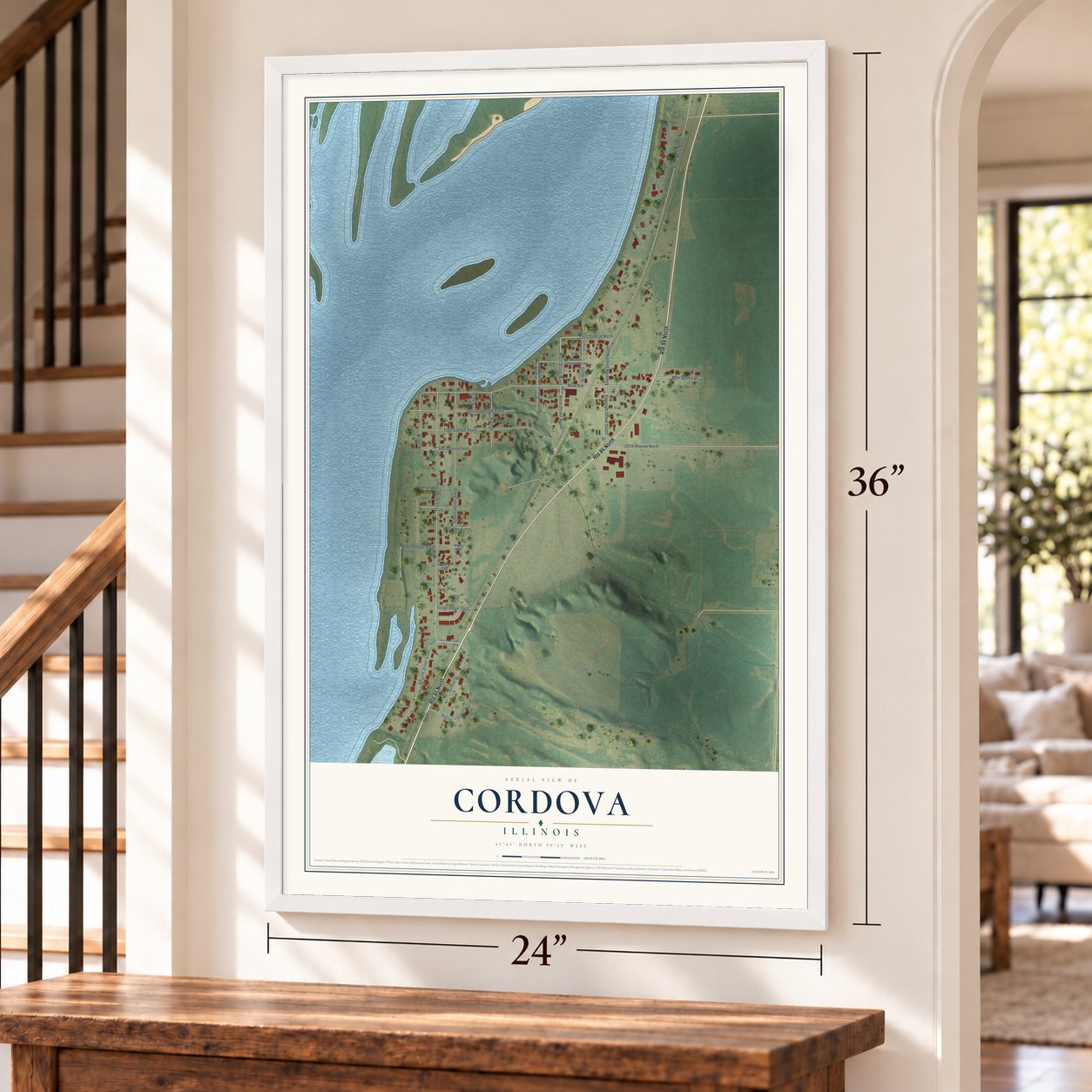 Cordova, Illinois map, 24 x 36 inch print in a white frame by a staircase