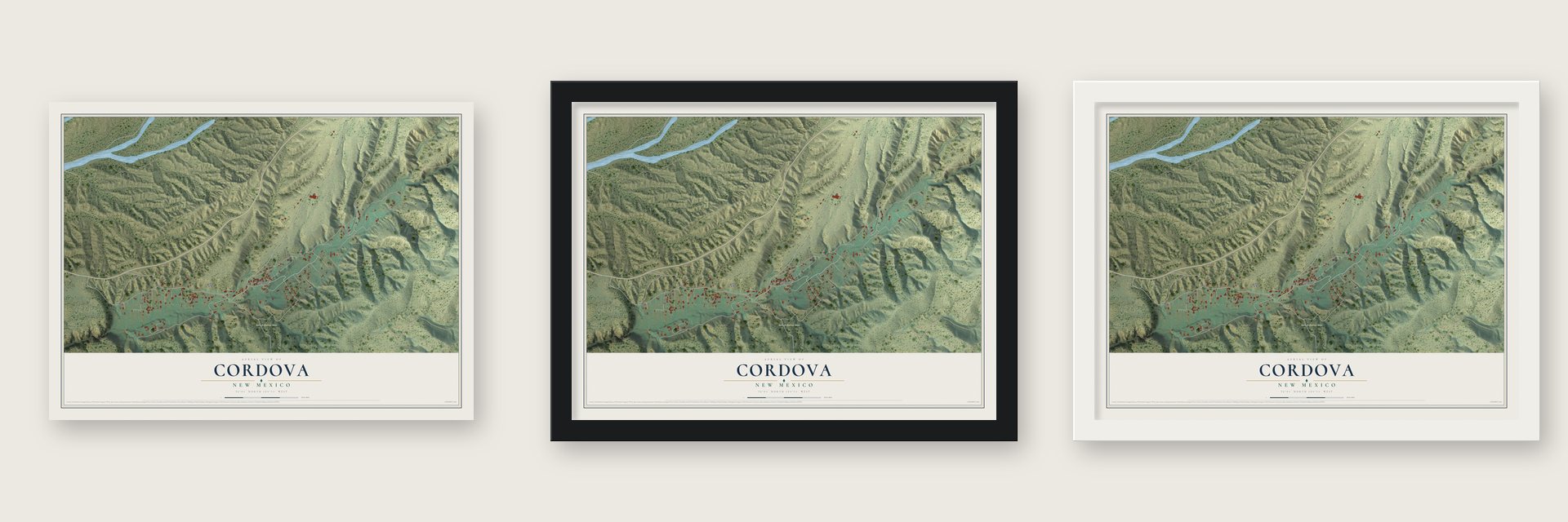 Cordova, New Mexico map unframed, in a black wood frame and in a white wood frame