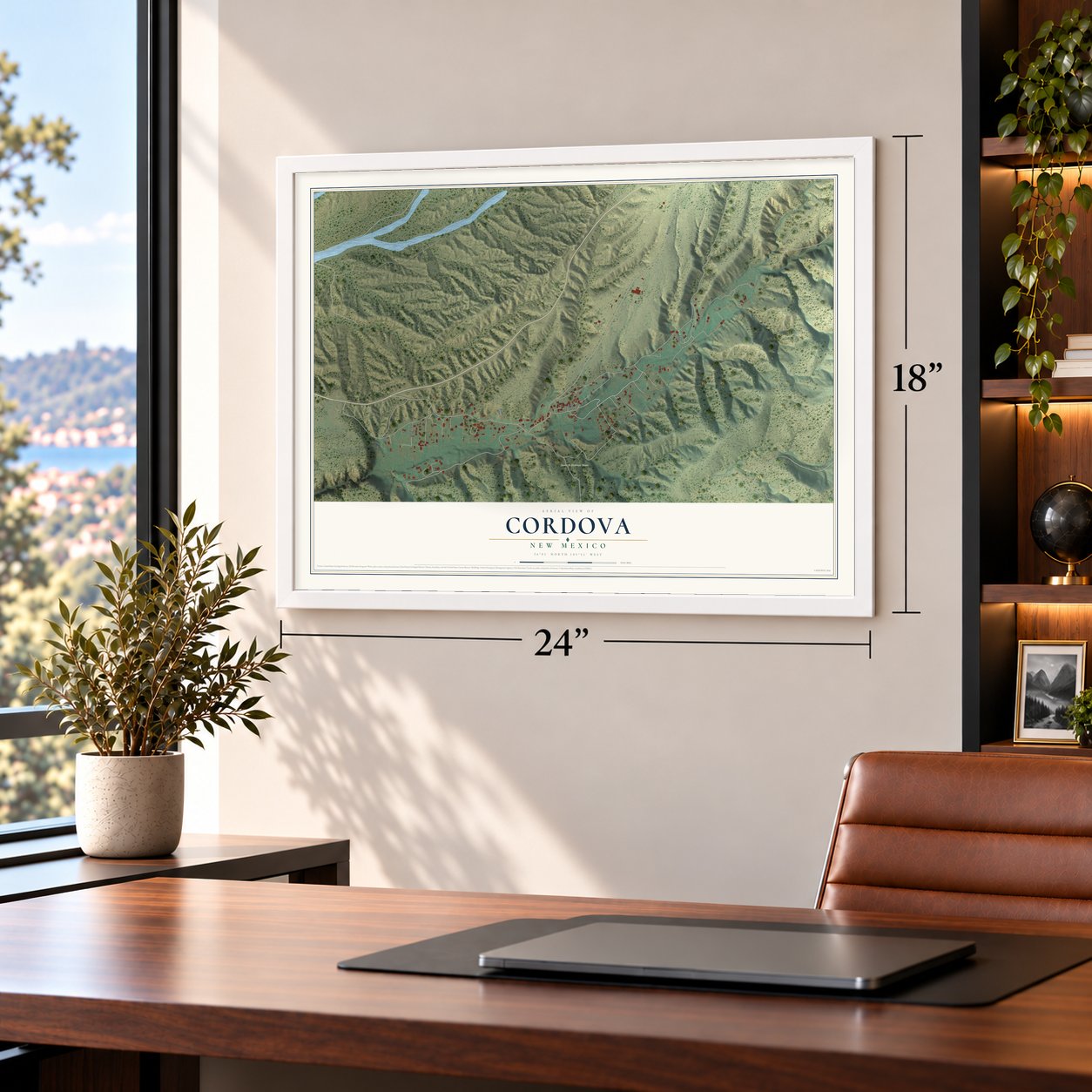 Cordova, New Mexico map, 18 x 24 inch print in a white frame in a home office
