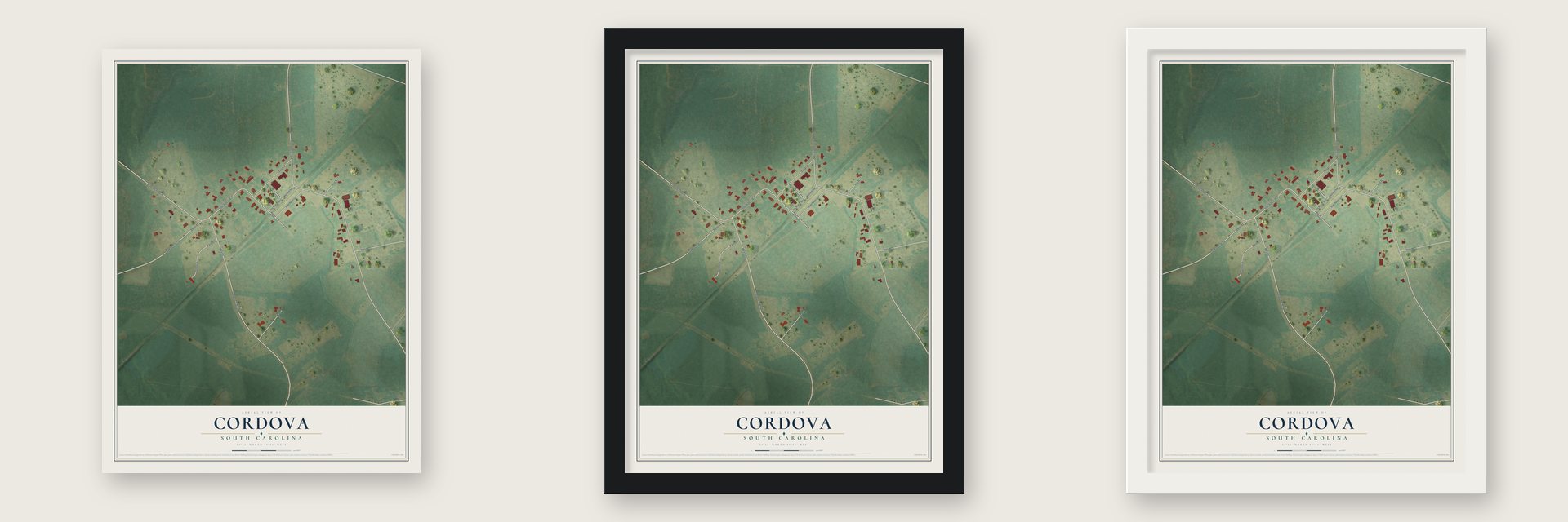 Cordova, South Carolina map unframed, in a black wood frame and in a white wood frame