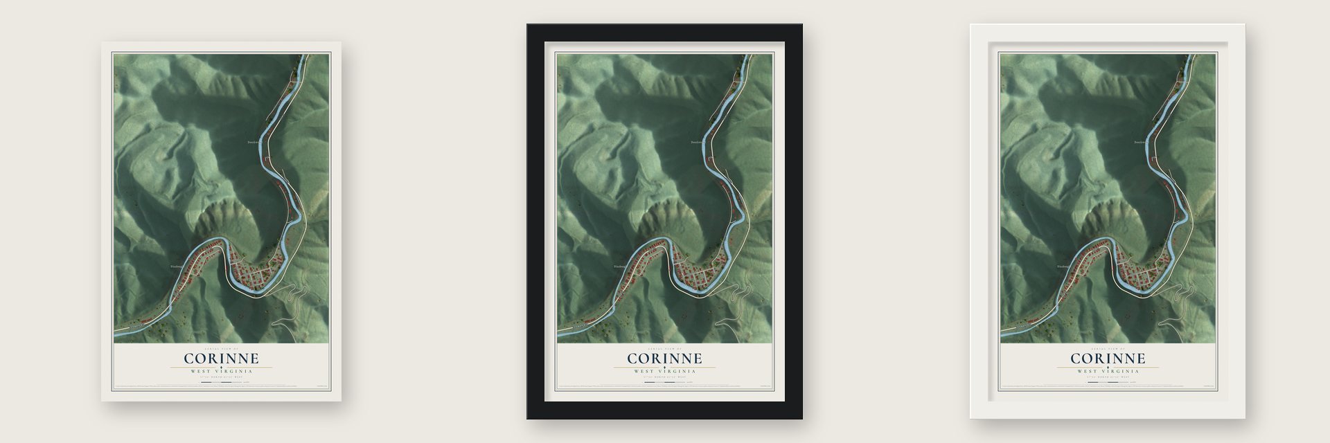 Corinne, West Virginia map unframed, in a black wood frame and in a white wood frame