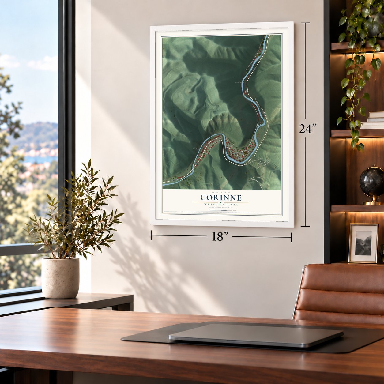 Corinne, West Virginia map, 18 x 24 inch print in a white frame in a home office