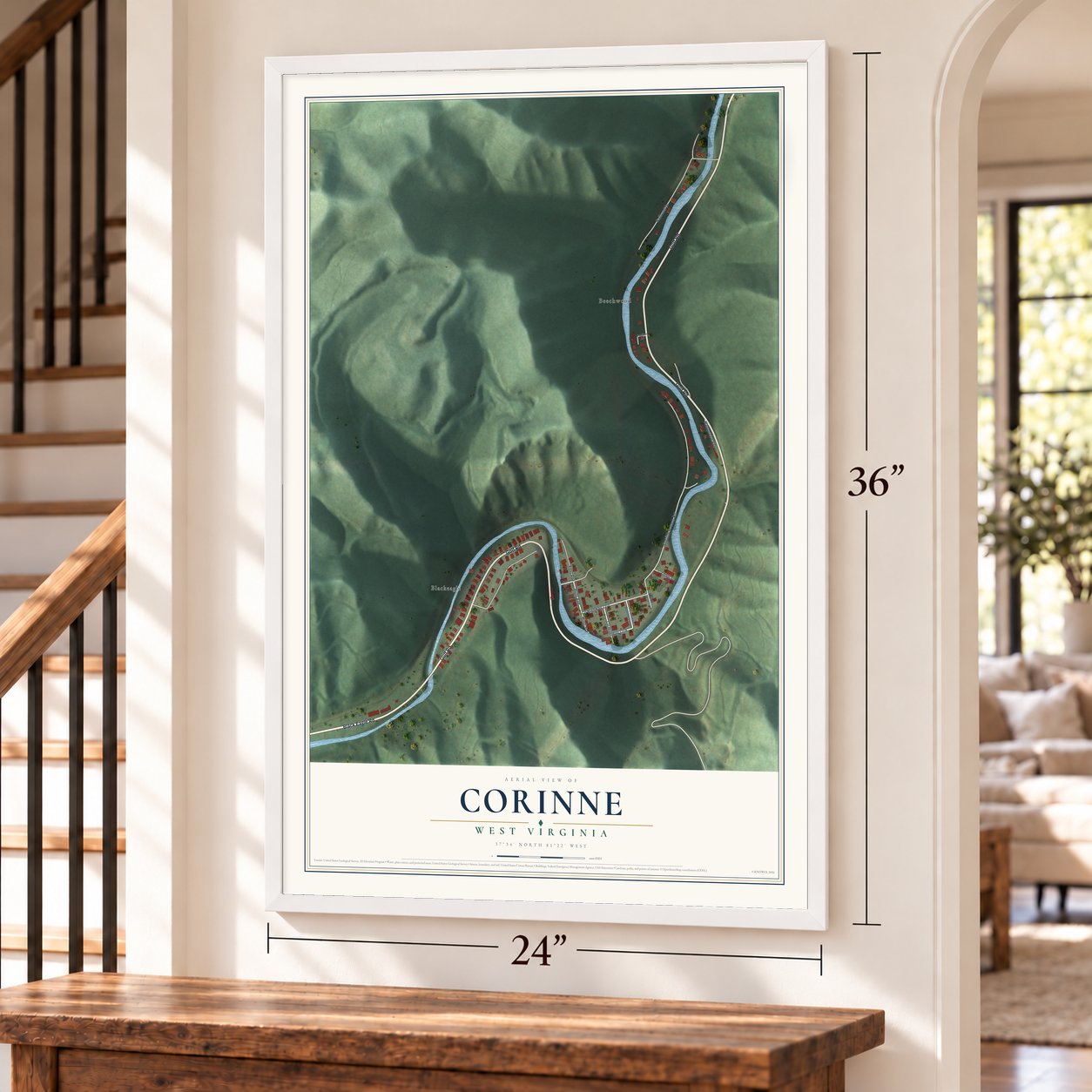 Corinne, West Virginia map, 24 x 36 inch print in a white frame by a staircase