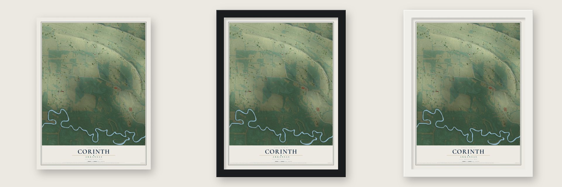 Corinth, Arkansas map unframed, in a black wood frame and in a white wood frame