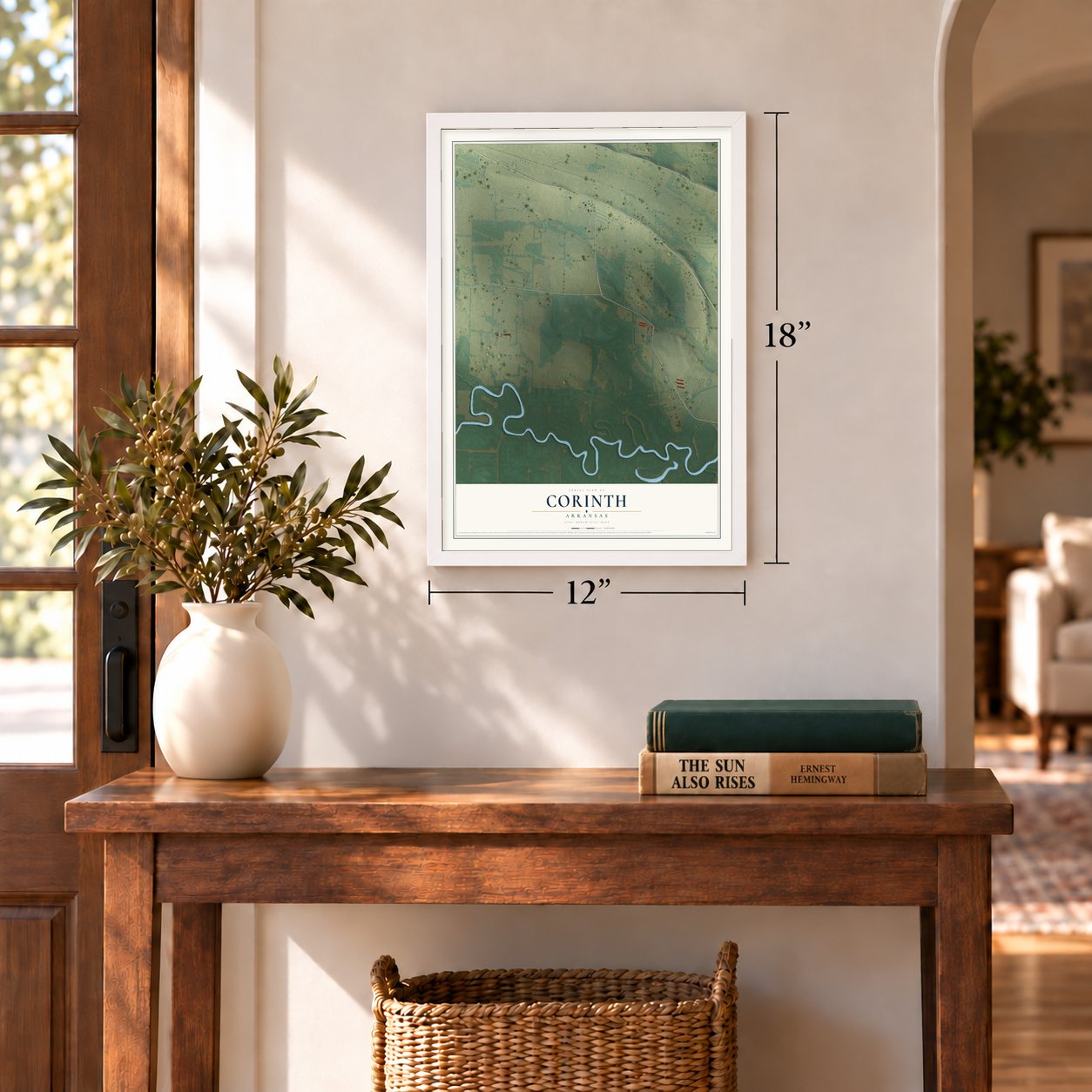 Corinth, Arkansas map, 12 x 18 inch print in a white frame in an entryway