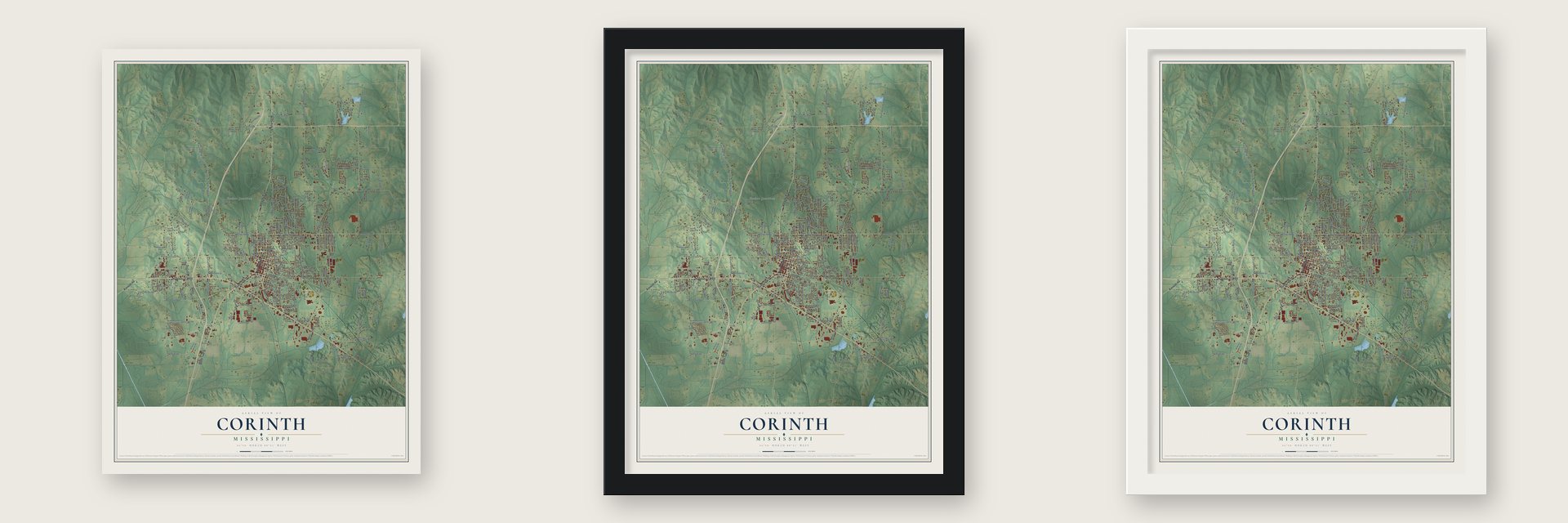 Corinth, Mississippi map unframed, in a black wood frame and in a white wood frame