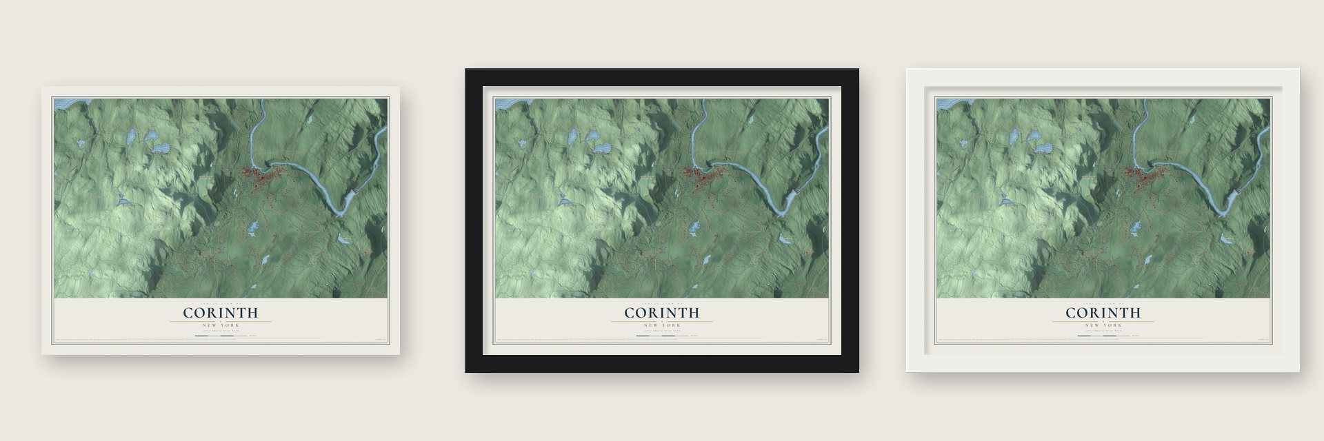 Corinth, New York map unframed, in a black wood frame and in a white wood frame