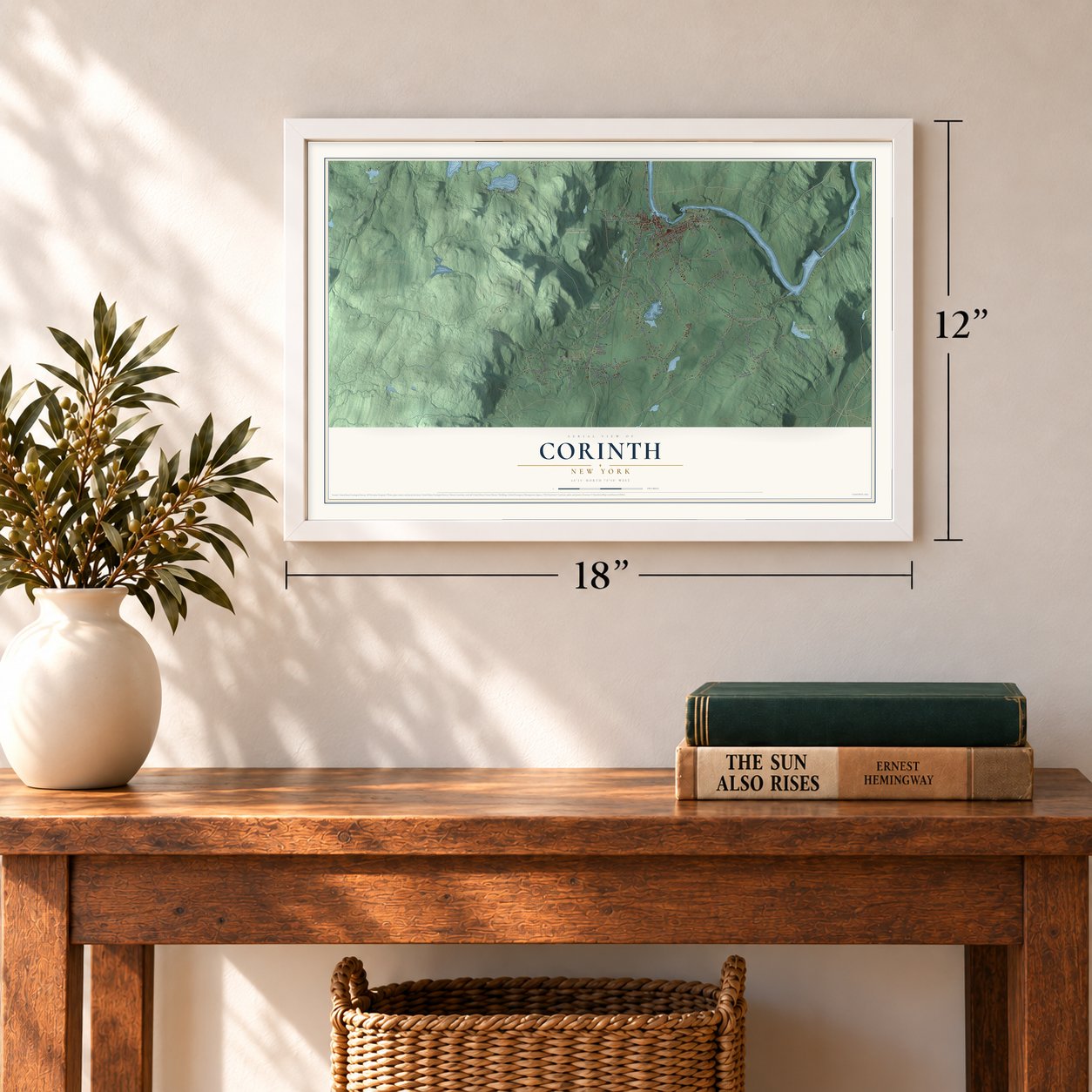 Corinth, New York map, 12 x 18 inch print in a white frame in an entryway