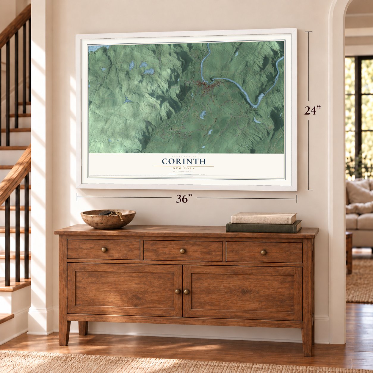 Corinth, New York map, 24 x 36 inch print in a white frame above a dresser by a staircase