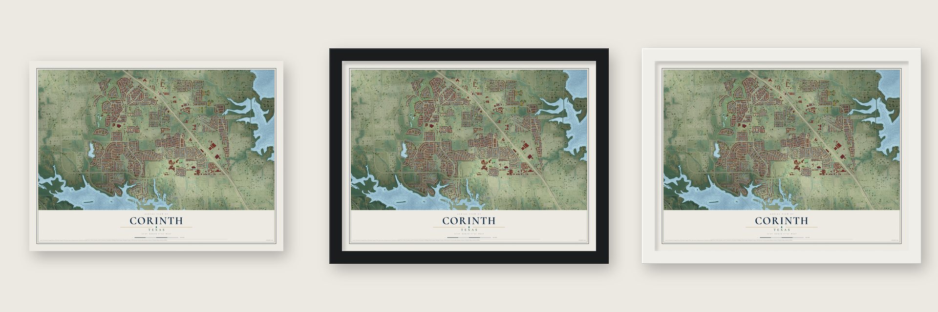 Corinth, Texas map unframed, in a black wood frame and in a white wood frame