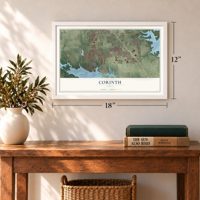 Corinth, Texas map, 12 x 18 inch print in a white frame in an entryway