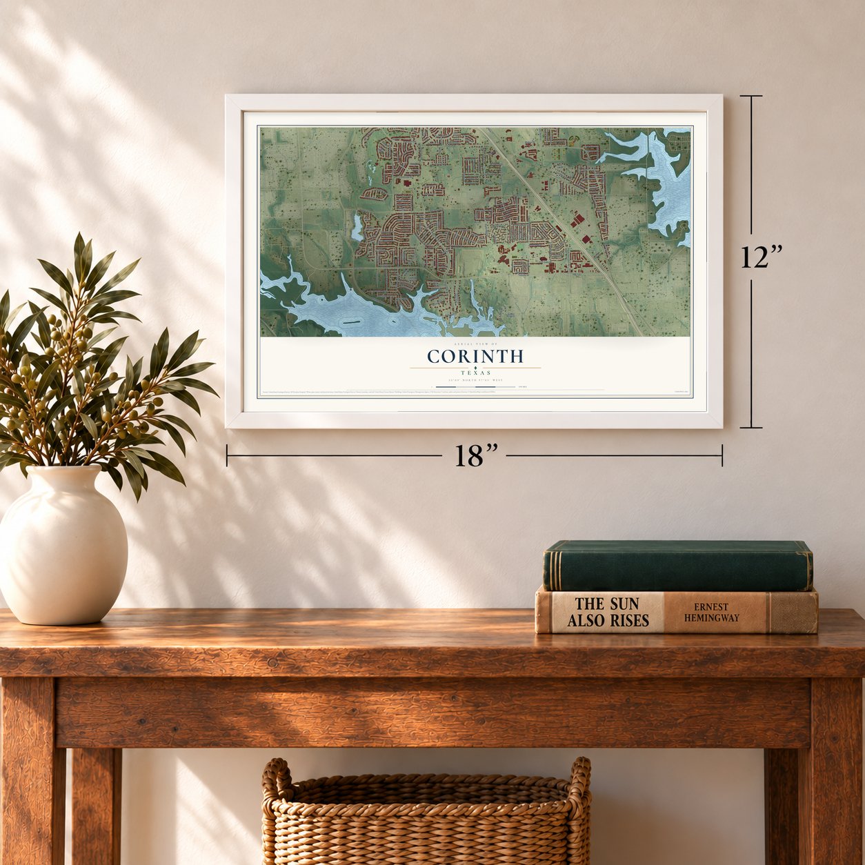 Corinth, Texas map, 12 x 18 inch print in a white frame in an entryway