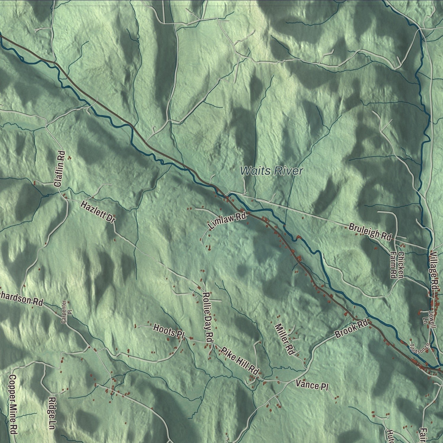 Close-up of the map of Corinth, Vermont print showing terrain and local geography