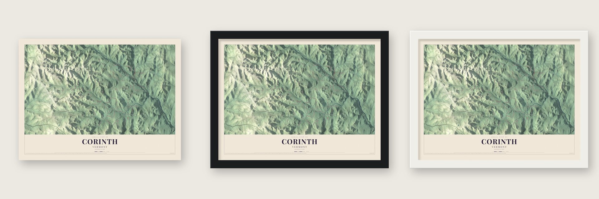 Corinth, Vermont map unframed, in a black wood frame and in a white wood frame