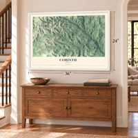 Corinth, Vermont map, 24 x 36 inch print in a white frame above a dresser by a staircase