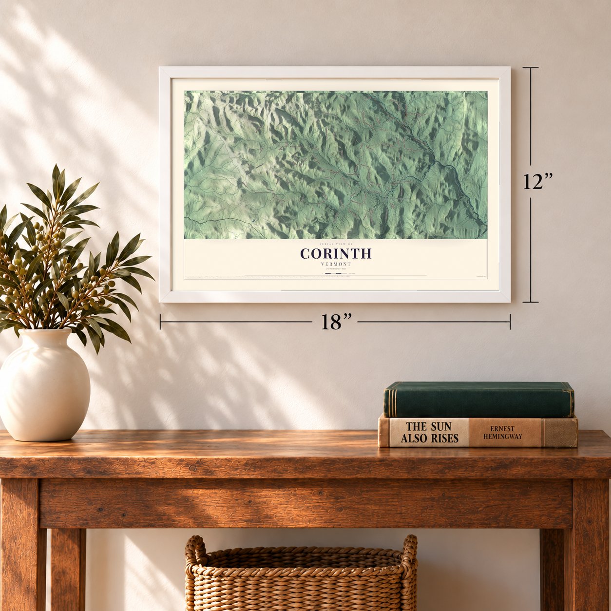 Corinth, Vermont map, 12 x 18 inch print in a white frame in an entryway