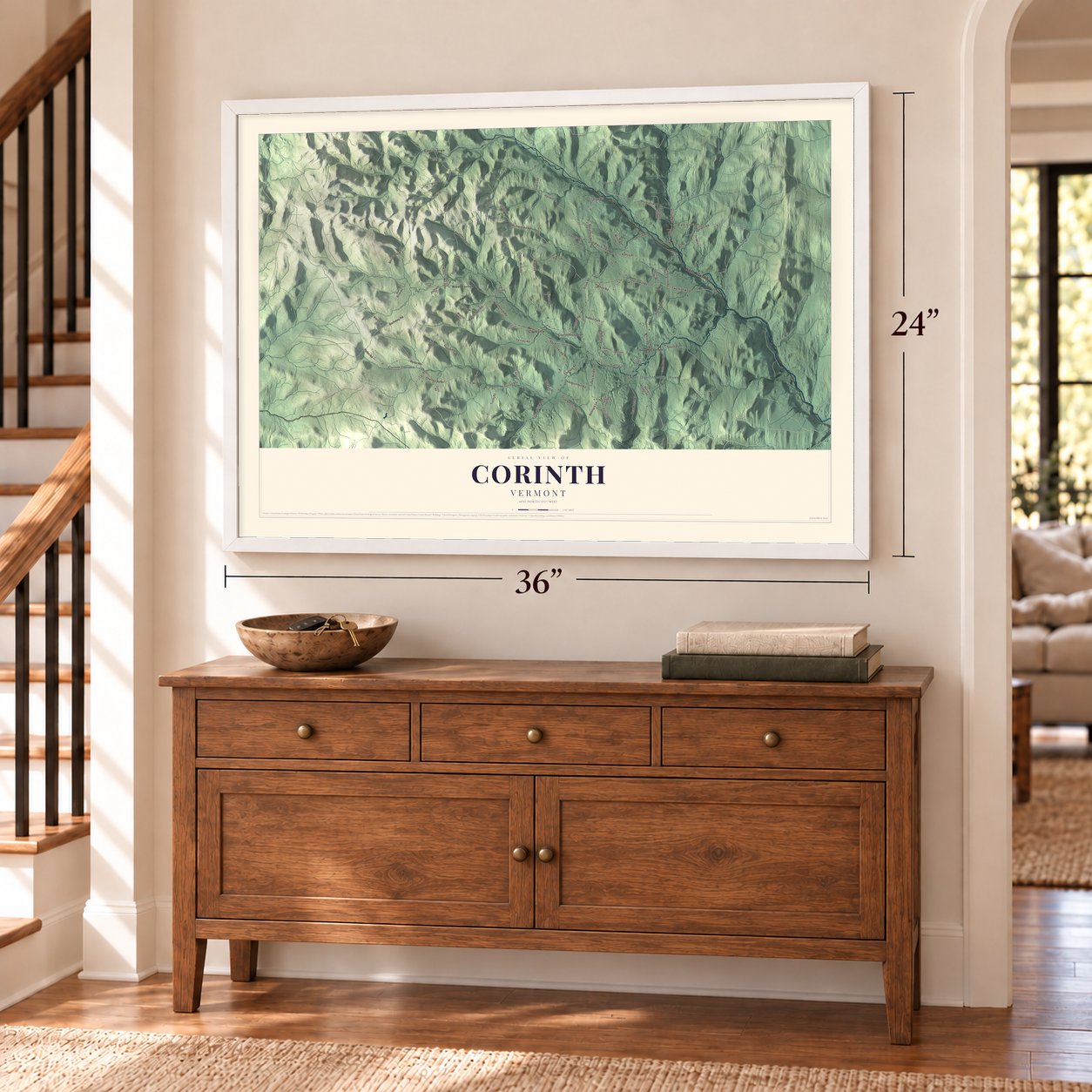 Corinth, Vermont map, 24 x 36 inch print in a white frame above a dresser by a staircase