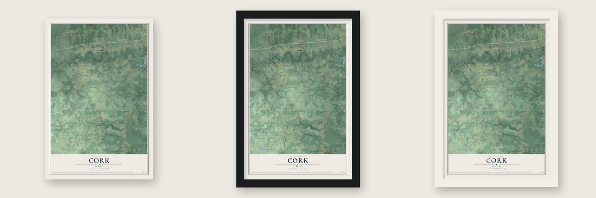 Cork, Ohio map unframed, in a black wood frame and in a white wood frame