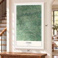 Cork, Ohio map, 24 x 36 inch print in a white frame by a staircase