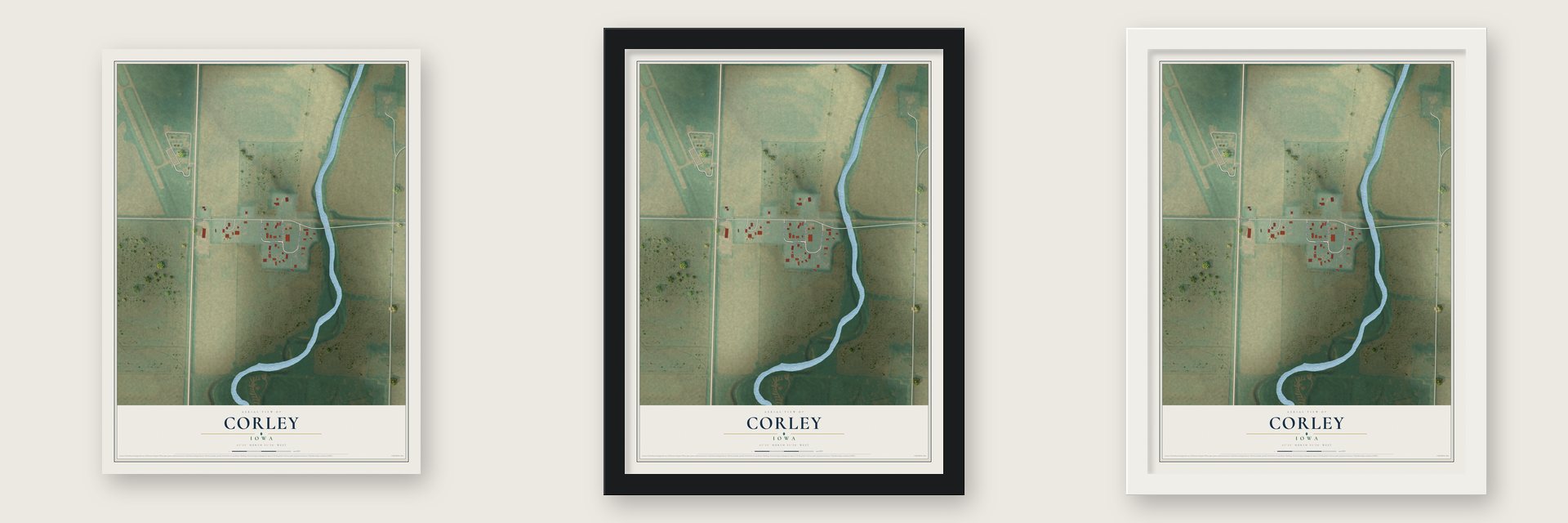 Corley, Iowa map unframed, in a black wood frame and in a white wood frame