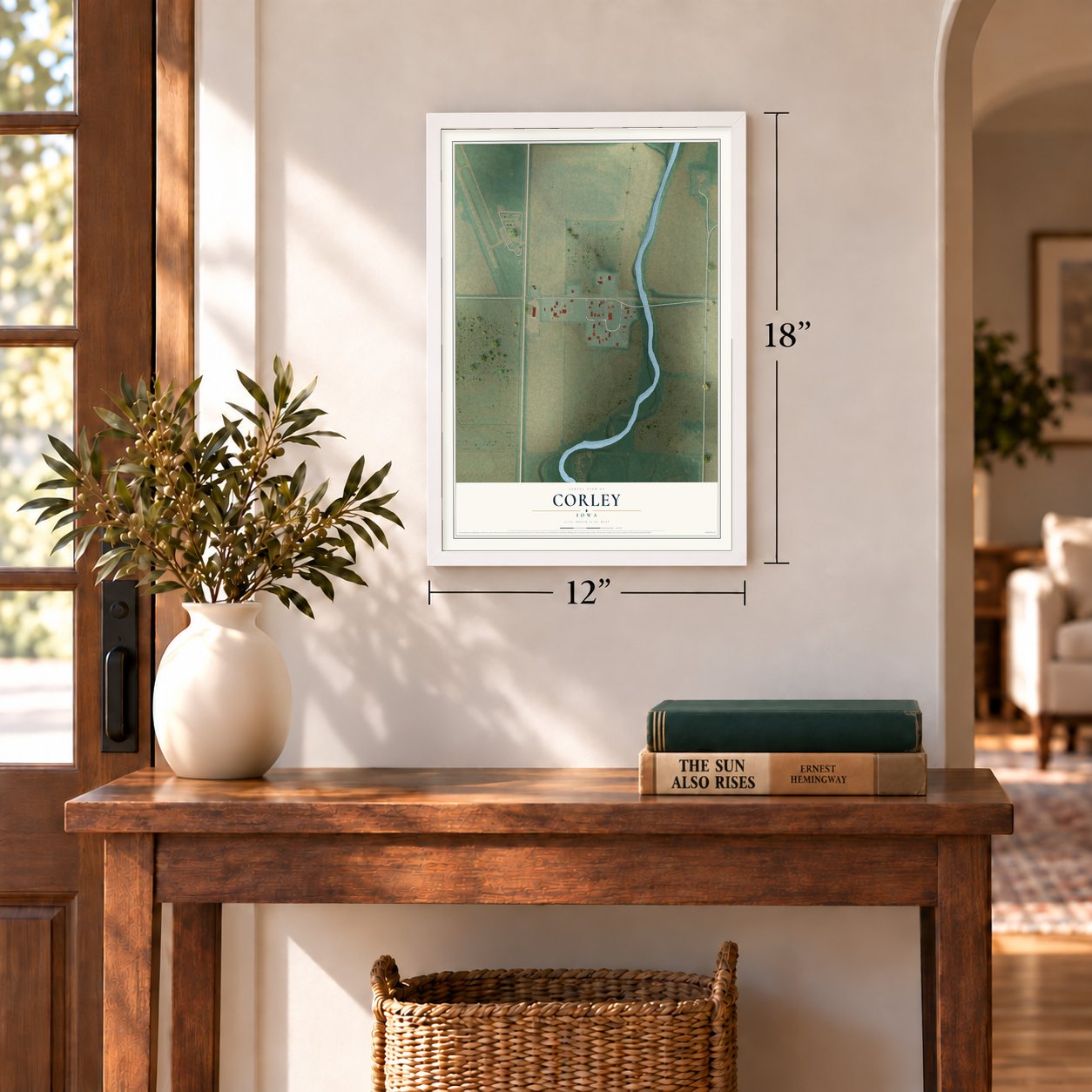 Corley, Iowa map, 12 x 18 inch print in a white frame in an entryway