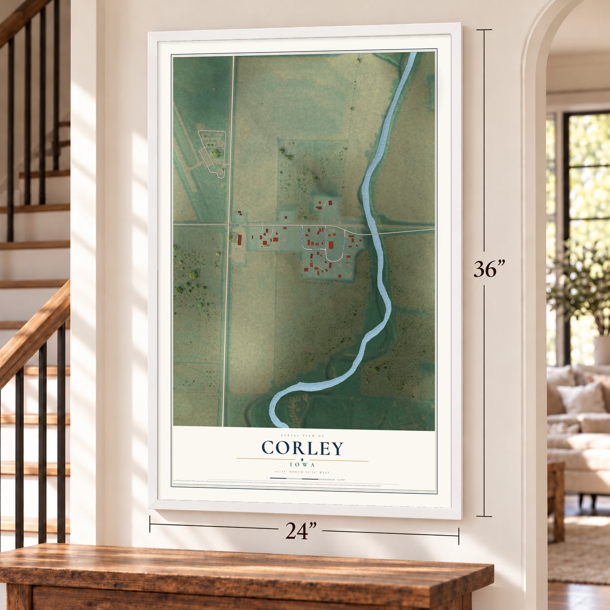 Corley, Iowa map, 24 x 36 inch print in a white frame by a staircase