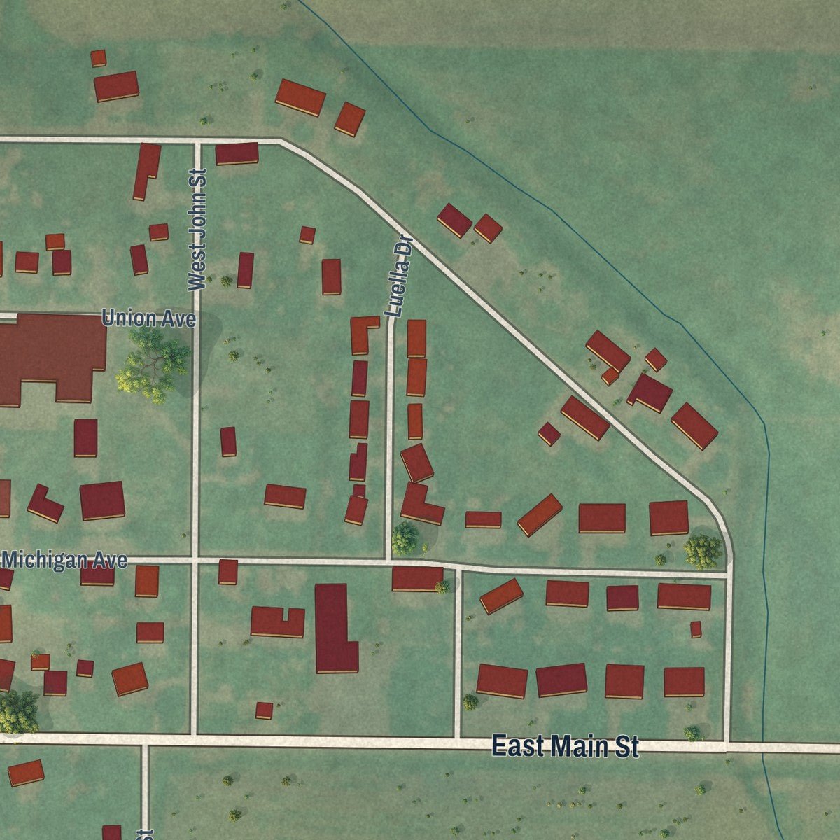 Second close-up of the map of Corn, Oklahoma print showing more streets and buildings