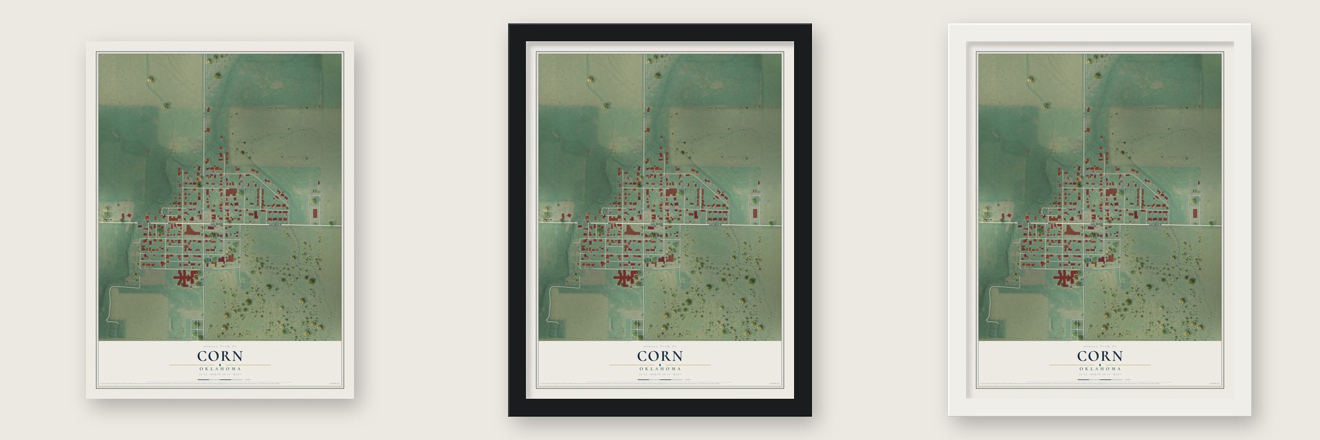 Corn, Oklahoma map unframed, in a black wood frame and in a white wood frame