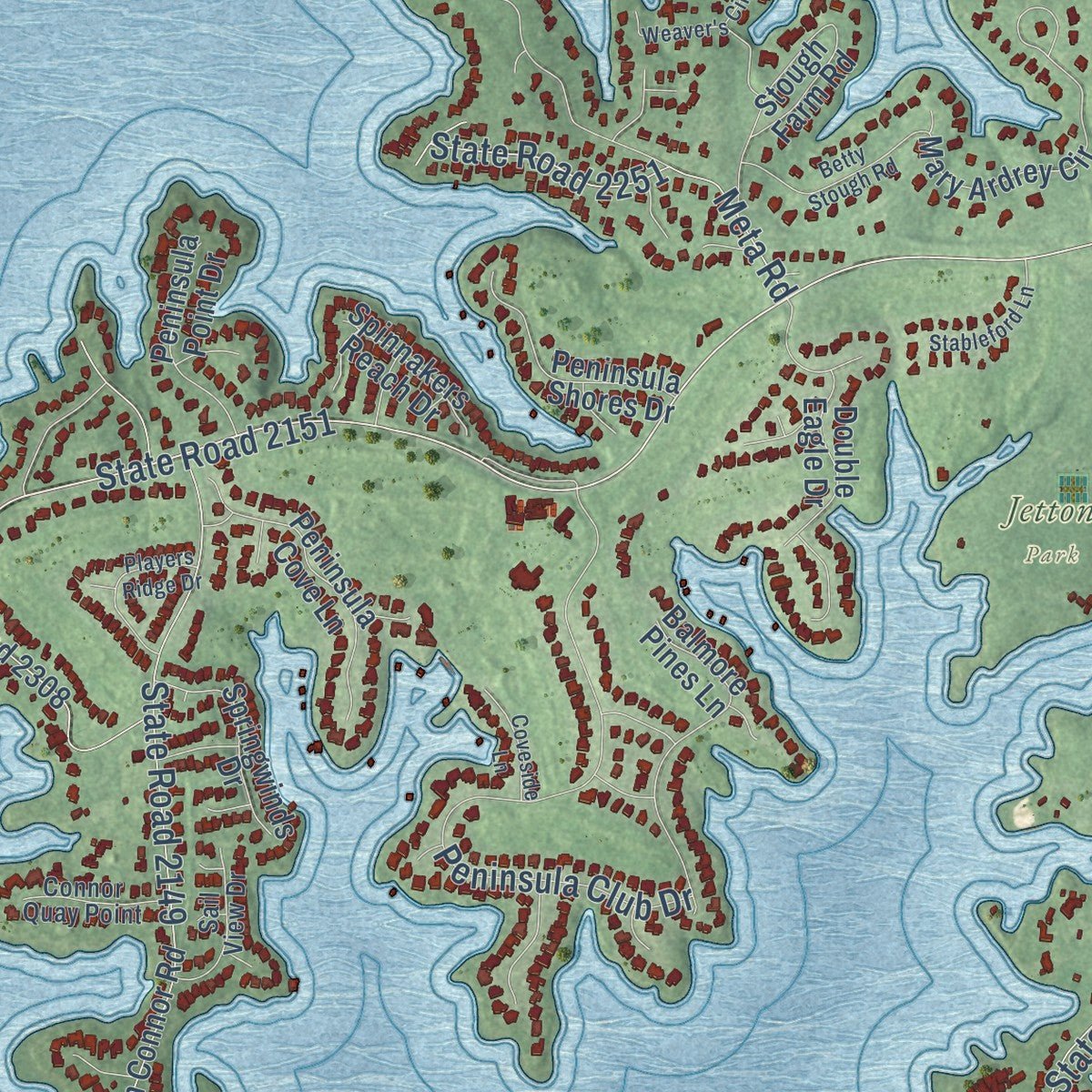 Second close-up of the map of Cornelius, North Carolina print showing more streets and buildings