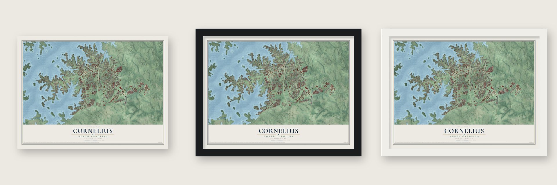 Cornelius, North Carolina map unframed, in a black wood frame and in a white wood frame