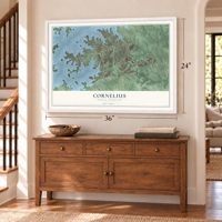 Cornelius, North Carolina map, 24 x 36 inch print in a white frame above a dresser by a staircase